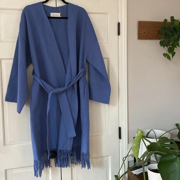 Zimmermann Fringed Wool Coat Wrap Robe‎ Style Trench Coat Periwinkle Blue Size 3 - Picture 11 of 12